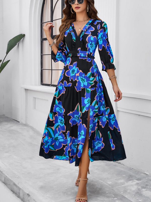 holiday casual printed V-neck slit dress