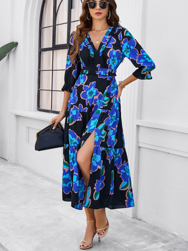 holiday casual printed V-neck slit dress