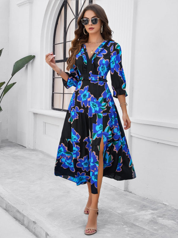 holiday casual printed V-neck slit dress