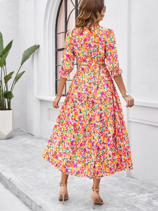 holiday casual printed V-neck slit dress