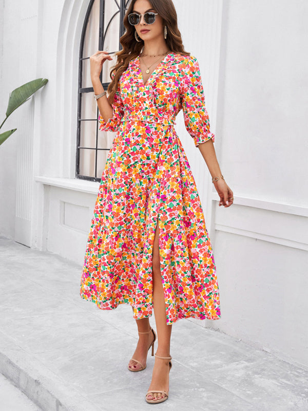 holiday casual printed V-neck slit dress