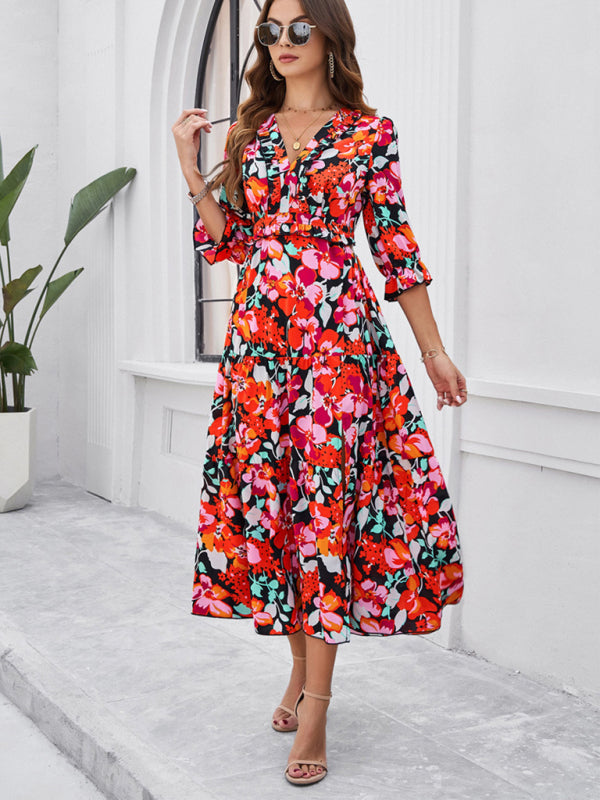 holiday casual printed V-neck slit dress
