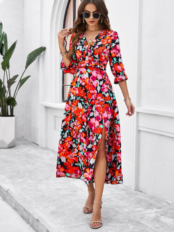 holiday casual printed V-neck slit dress