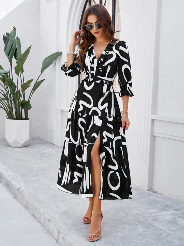 holiday casual printed V-neck slit dress