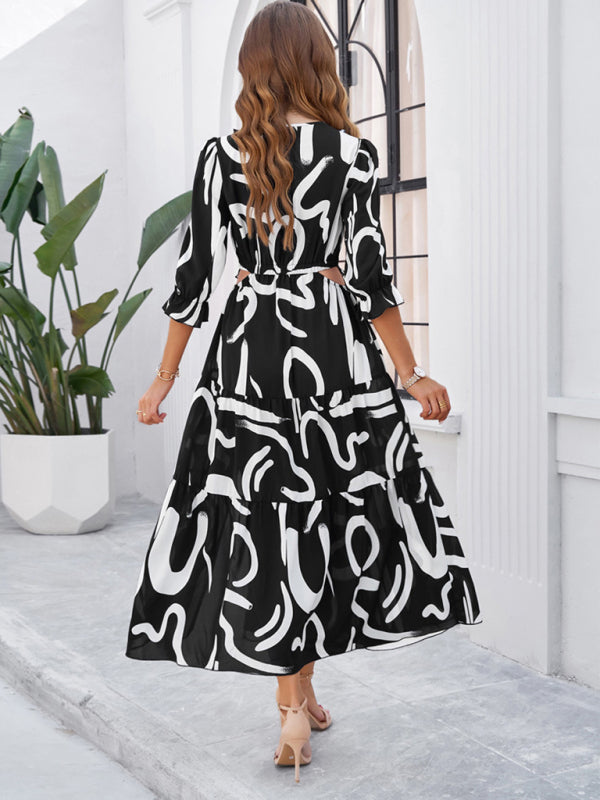 holiday casual printed V-neck slit dress
