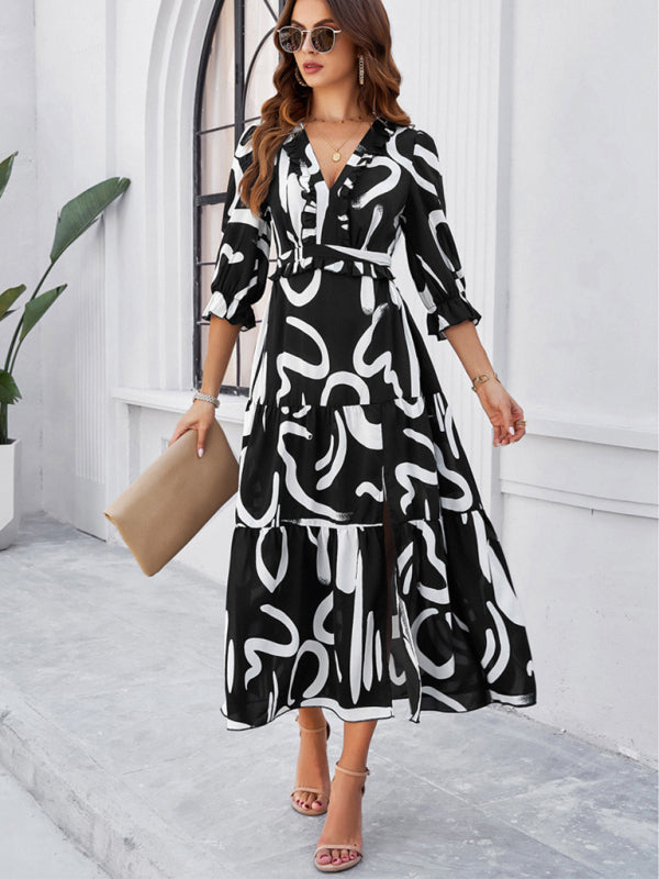 holiday casual printed V-neck slit dress