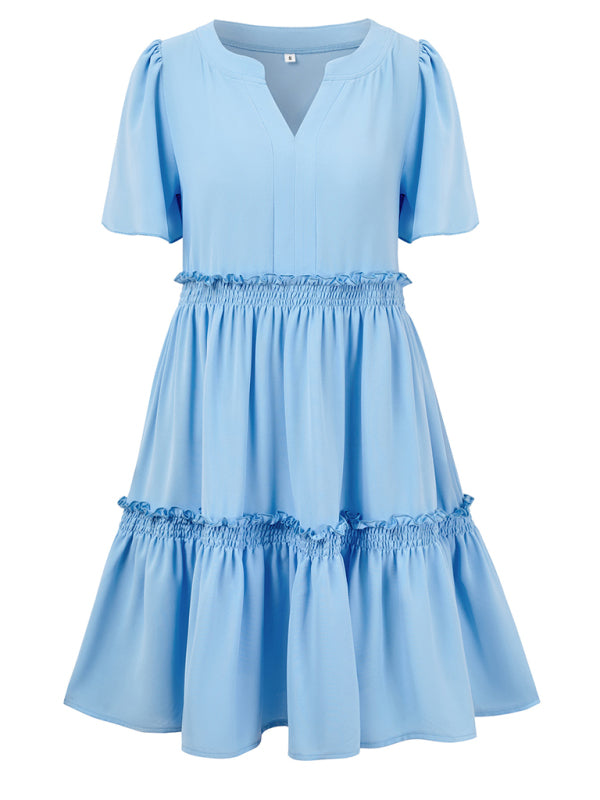 solid color V-neck casual ruffle sleeve dress