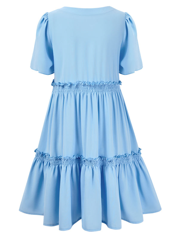 solid color V-neck casual ruffle sleeve dress