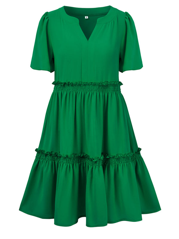 solid color V-neck casual ruffle sleeve dress
