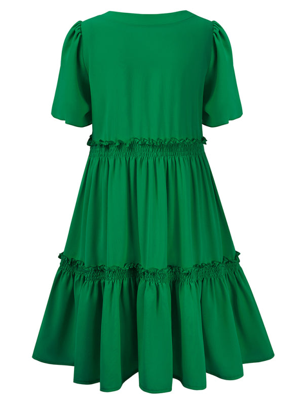 solid color V-neck casual ruffle sleeve dress