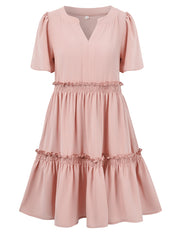 solid color V-neck casual ruffle sleeve dress