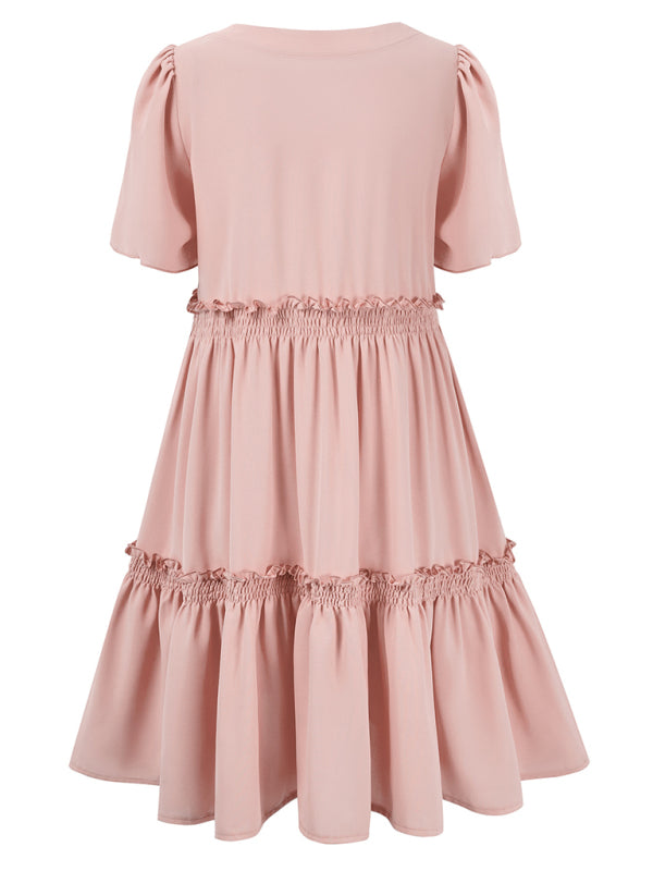 solid color V-neck casual ruffle sleeve dress
