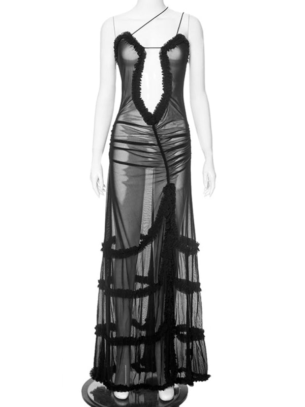 suspender hollow pleated lace slit dress