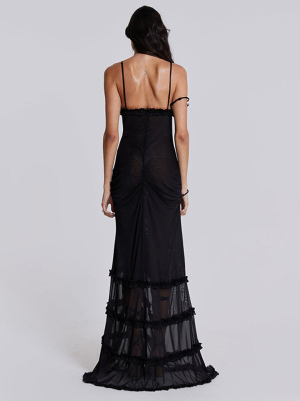 suspender hollow pleated lace slit dress