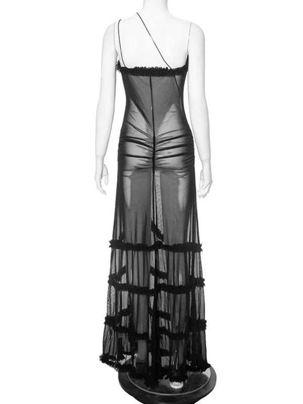 suspender hollow pleated lace slit dress