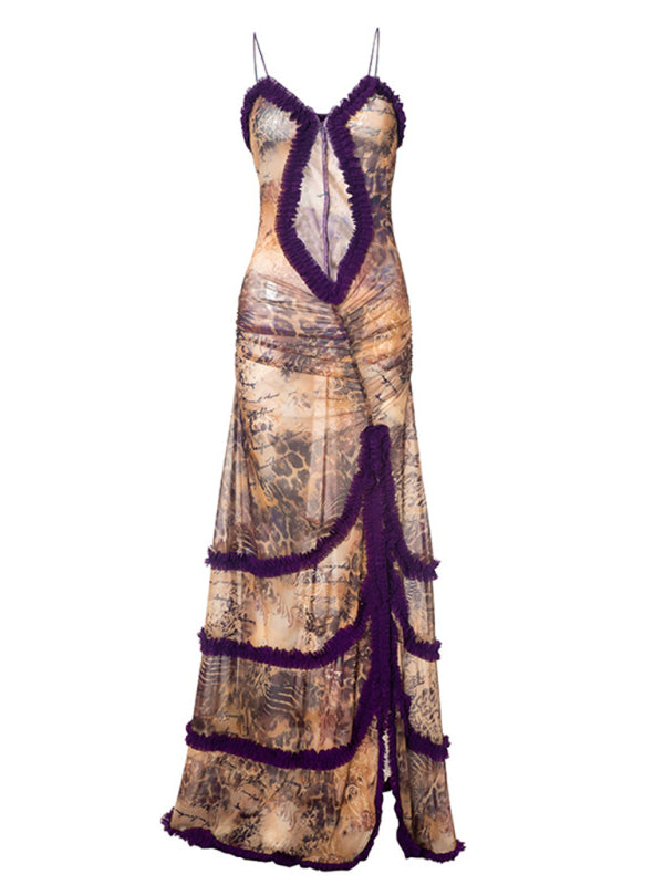 suspender hollow pleated lace slit dress
