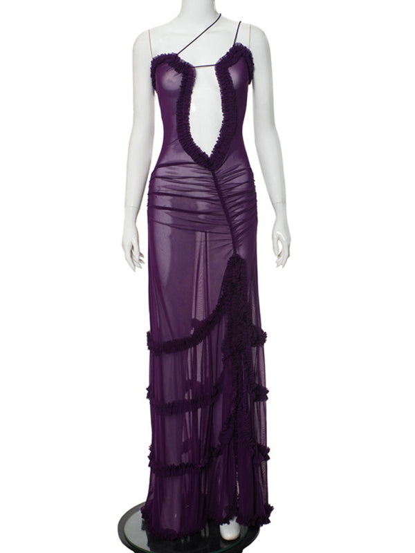 suspender hollow pleated lace slit dress