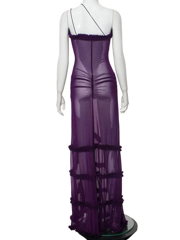suspender hollow pleated lace slit dress