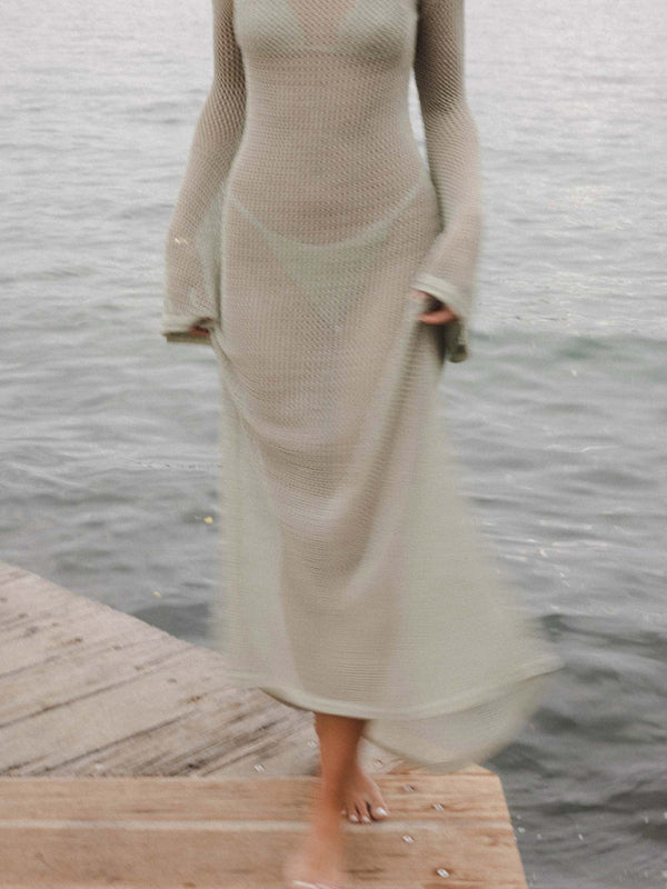 style knitted long-sleeved backless sexy see-through floor-length maxi dress