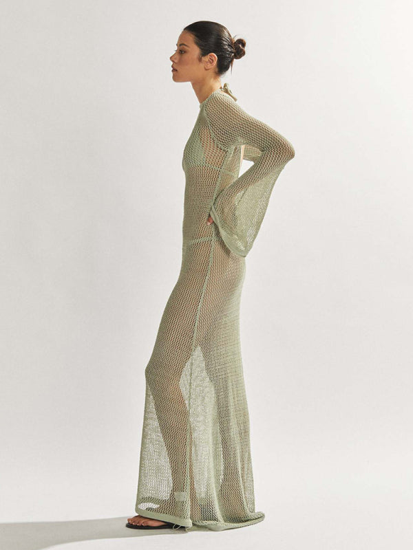 style knitted long-sleeved backless sexy see-through floor-length maxi dress