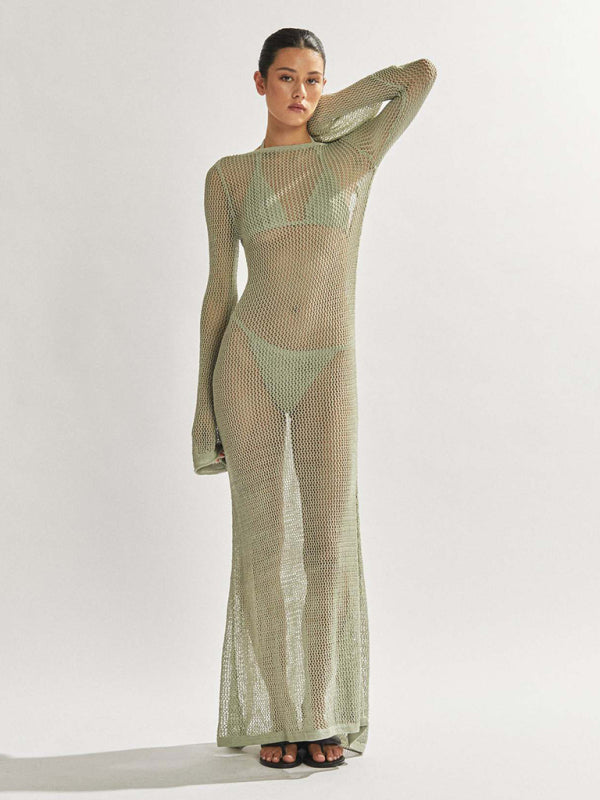 style knitted long-sleeved backless sexy see-through floor-length maxi dress