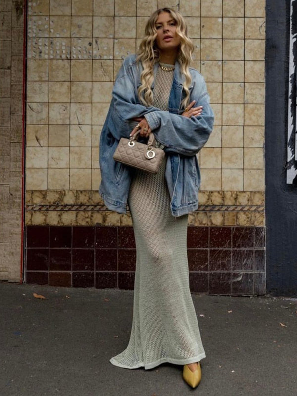 style knitted long-sleeved backless sexy see-through floor-length maxi dress