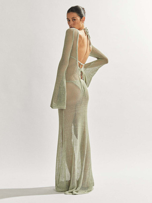style knitted long-sleeved backless sexy see-through floor-length maxi dress