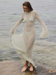 style knitted long-sleeved backless sexy see-through floor-length maxi dress