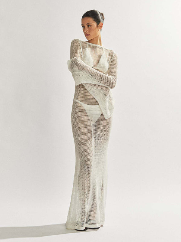 style knitted long-sleeved backless sexy see-through floor-length maxi dress