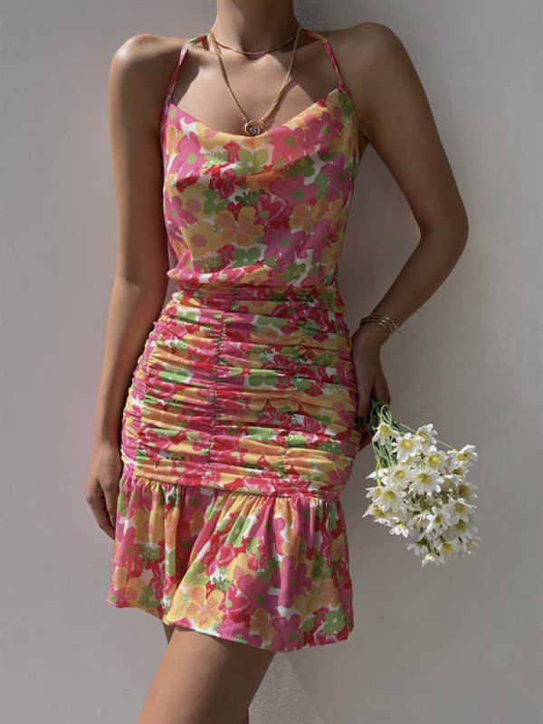 Ladies floral print hip strap dress