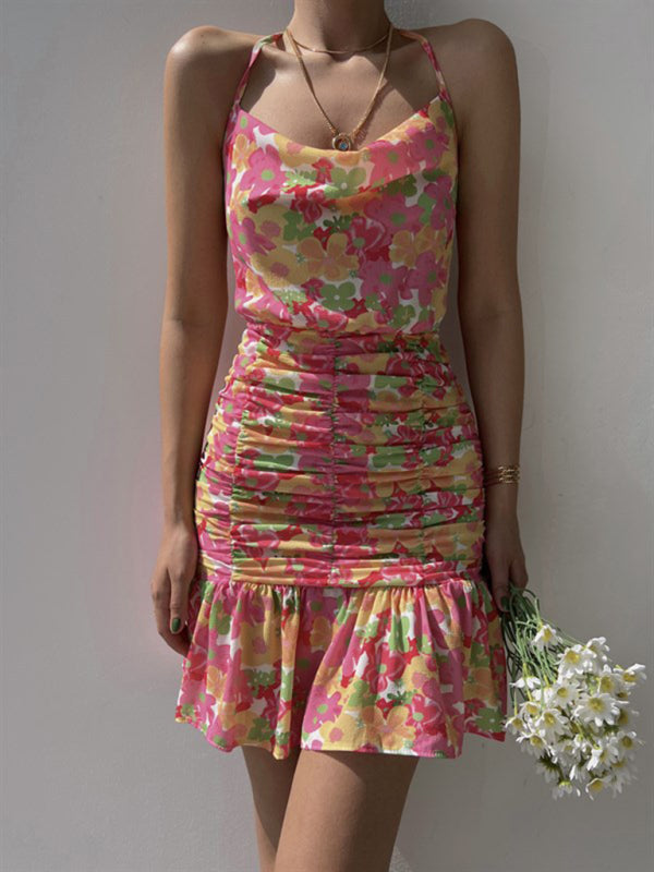 Ladies floral print hip strap dress