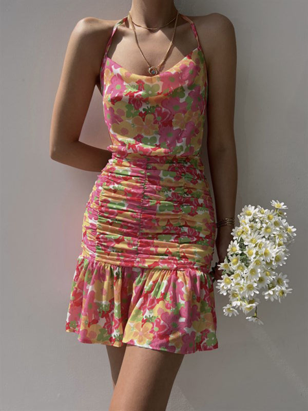 Ladies floral print hip strap dress