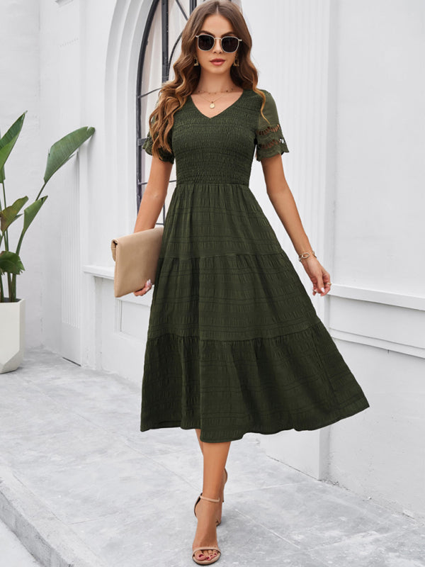 solid color short sleeve V-neck dress