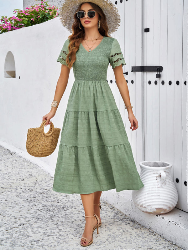 solid color short sleeve V-neck dress