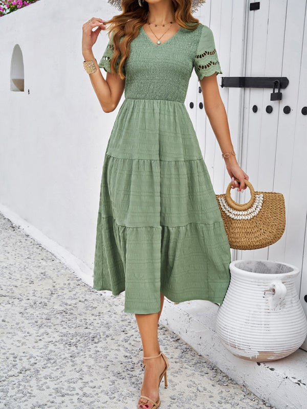 solid color short sleeve V-neck dress