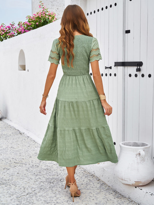 solid color short sleeve V-neck dress