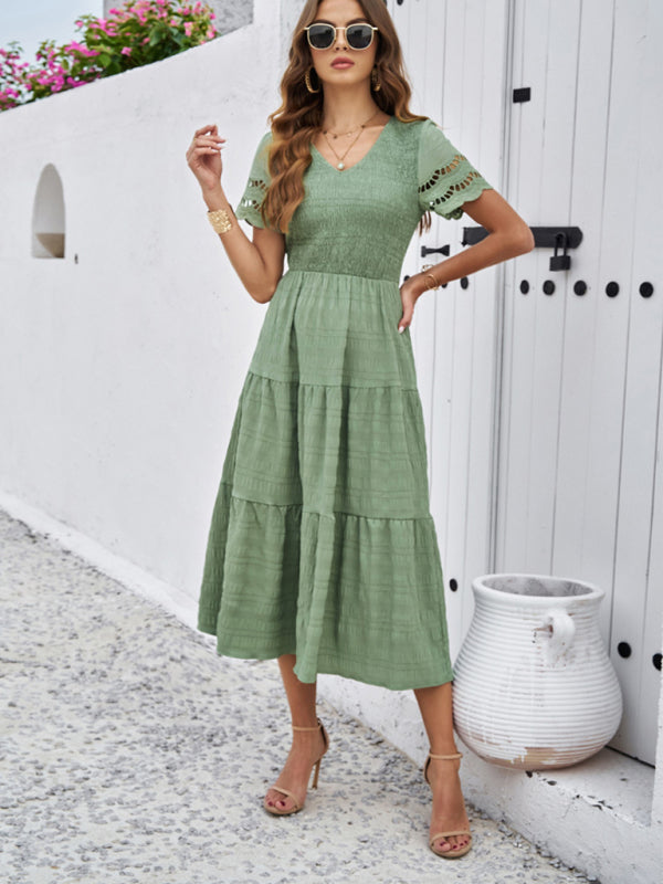 solid color short sleeve V-neck dress