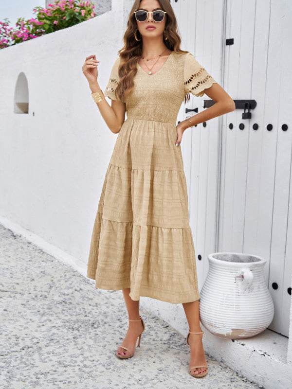 solid color short sleeve V-neck dress