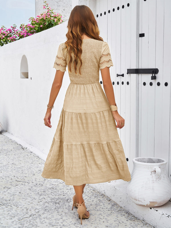 solid color short sleeve V-neck dress