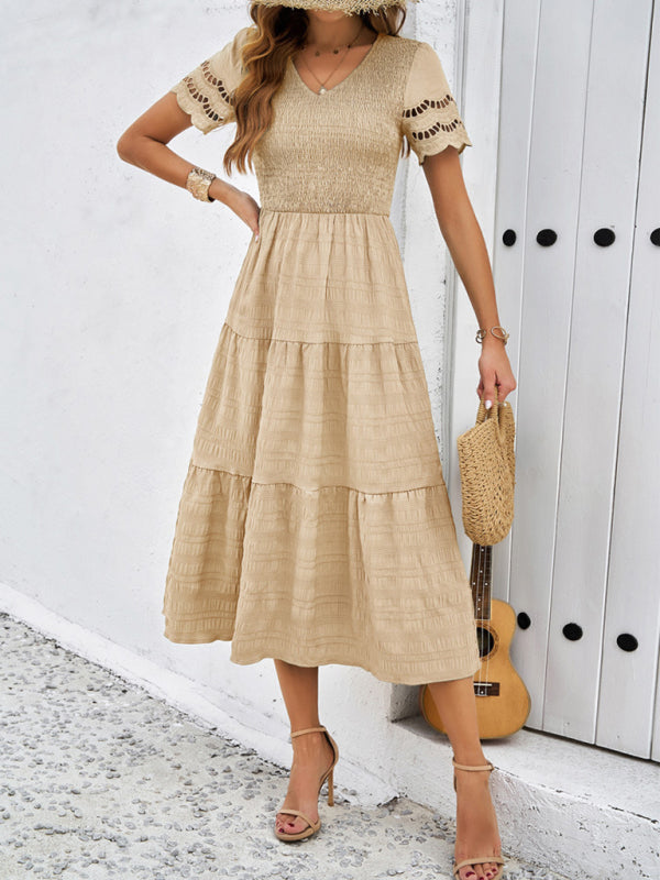 solid color short sleeve V-neck dress