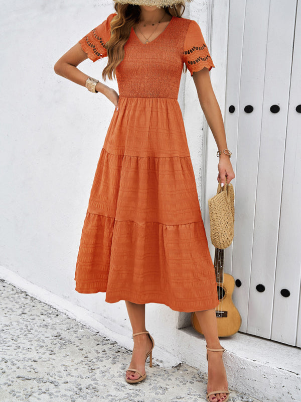 solid color short sleeve V-neck dress