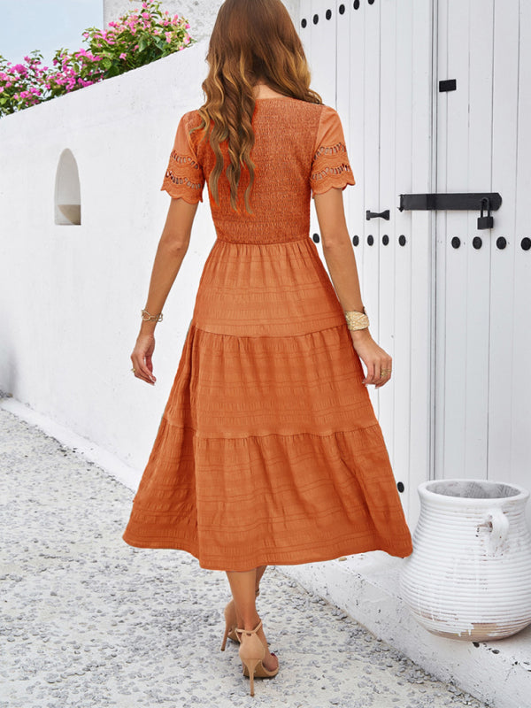 solid color short sleeve V-neck dress