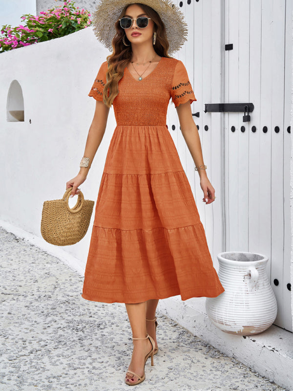 solid color short sleeve V-neck dress