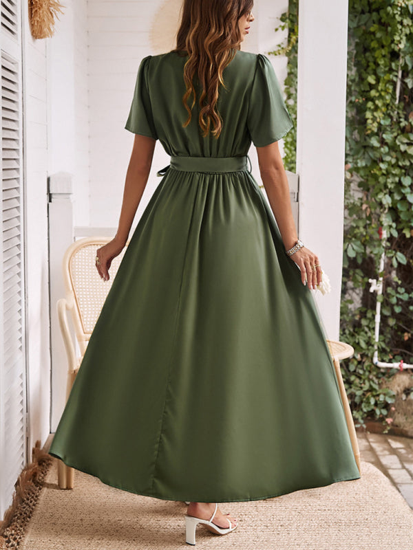 style solid color lace-up slit dress