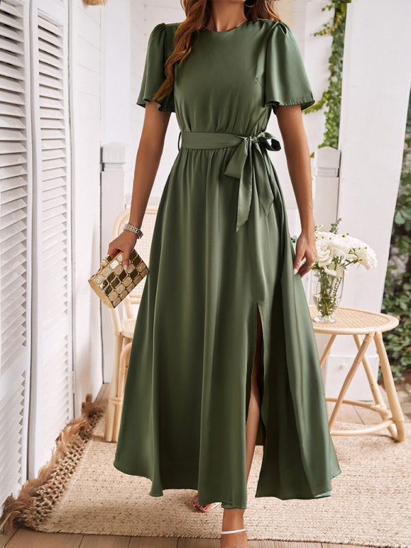 style solid color lace-up slit dress