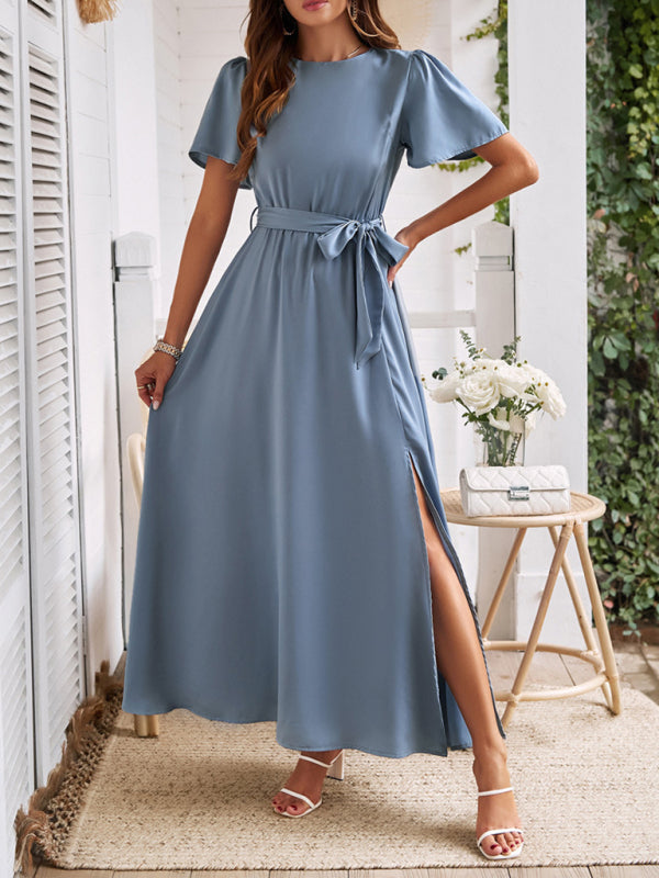style solid color lace-up slit dress