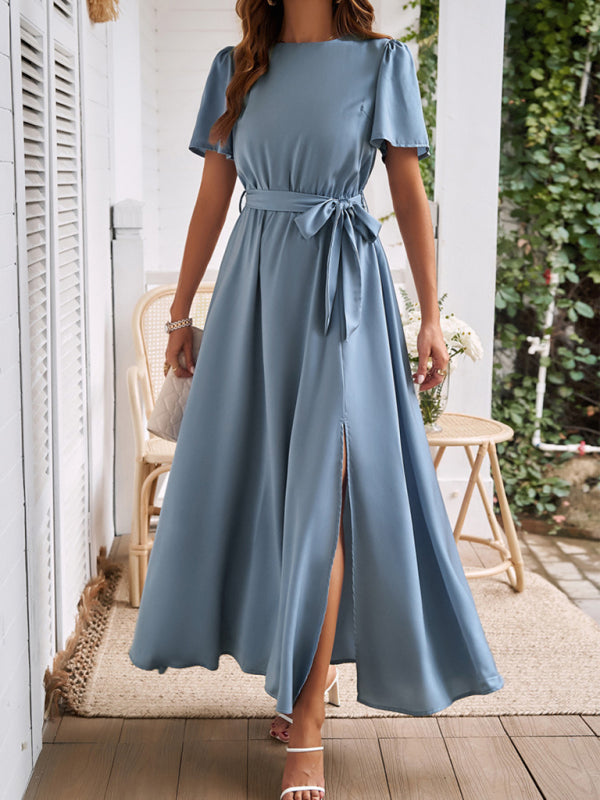 style solid color lace-up slit dress