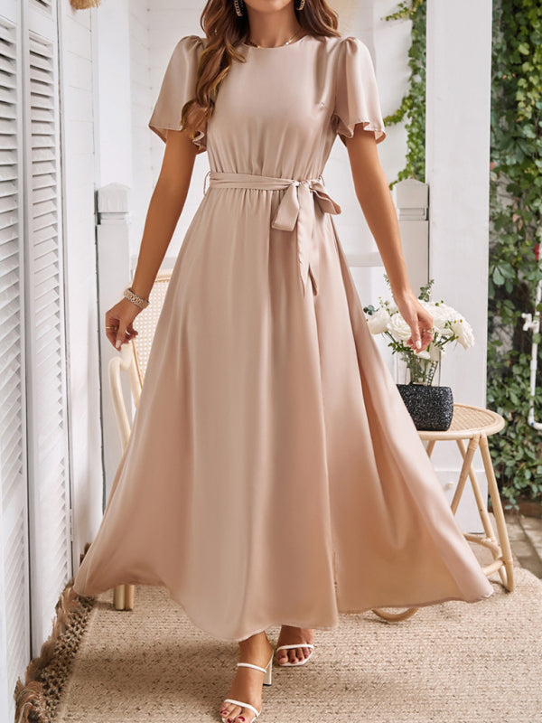 style solid color lace-up slit dress