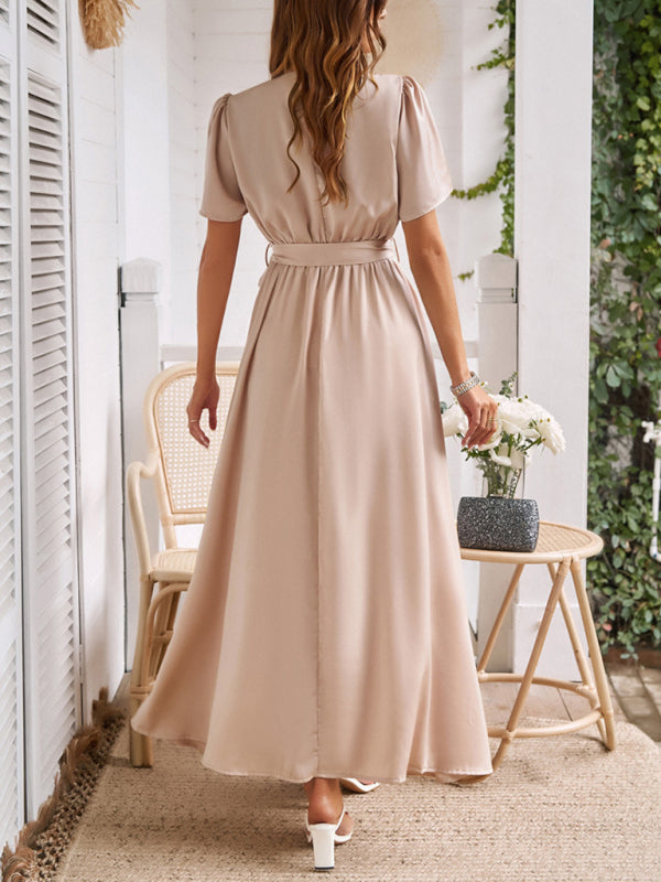 style solid color lace-up slit dress