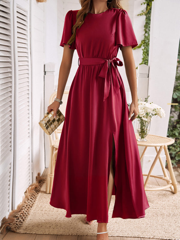 style solid color lace-up slit dress